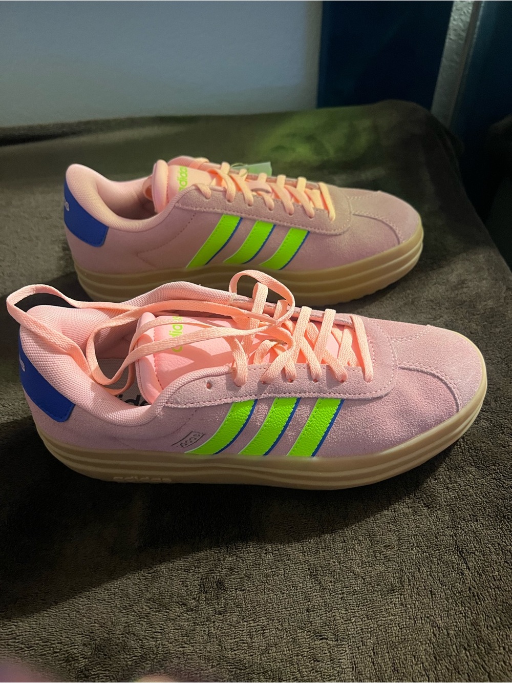adidas Pink Suede Sneakers with Neon Green Stripes and Blue Heel
